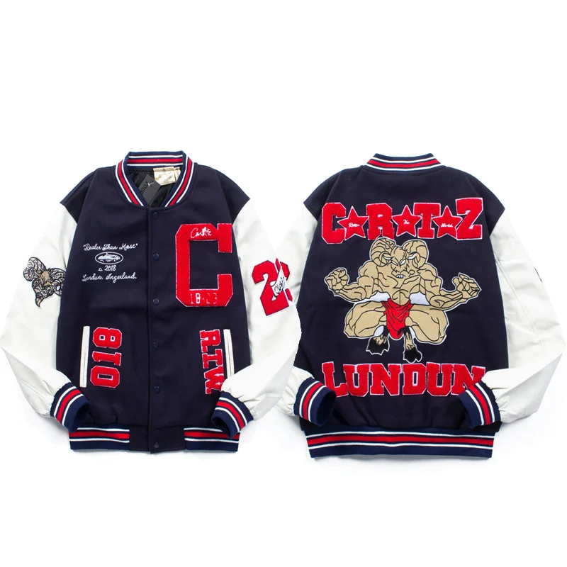 

Street Sle Heavy Du Baseball Jaet Sve Patchwork PU Leather Sewn Thousand Needles Embroidery Youth Faion Windproof