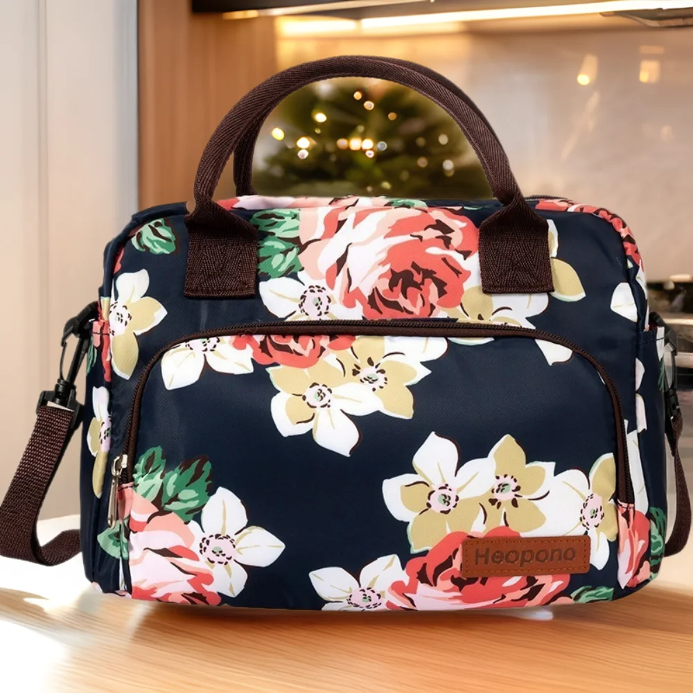 

Portable Nylon Lunch Bag 11 L Handheld Insulated Handbag Leopard Print Flower Printed Fruit Fresh-keeping Pouch Office