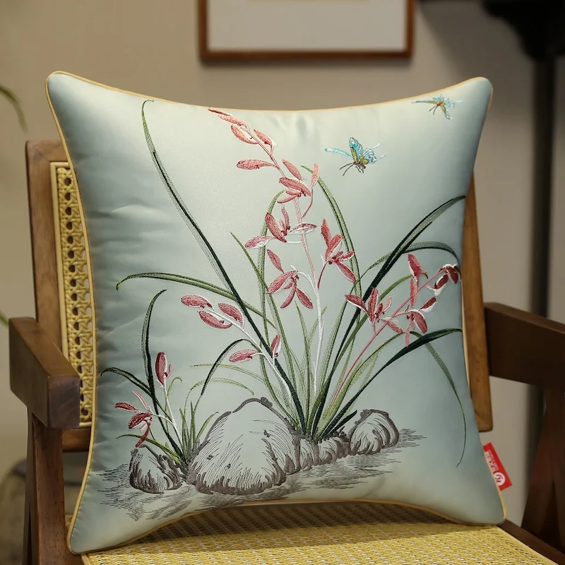 Orchid Embroidery Pillows Chinese Satine Cushion Case Retro Flora Butterfly Decorative Pillow Cover For Sofa Chair Home Decorate