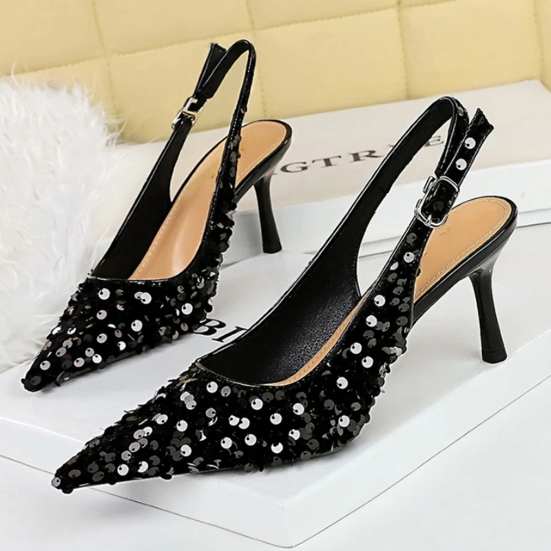 Sequins Luxury Wedge High Heels Women Pumps Pointed Designer Sandals Ankle Straps Gold Silver Glitter Fashion Party Dress Shoes