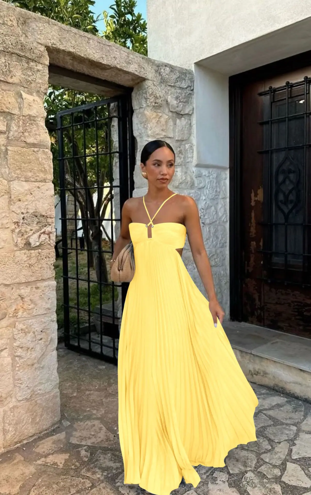 Blue Pleated Halter Long Dress Women's Solid Sleeveless Backless Lace-up Maxi Dress Summer Beach Vacation Evening Party Vestidos