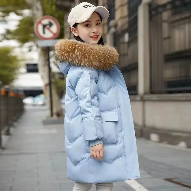 Children Down Cotton Clothes Girls Korean Medium and Long Thickened Warm Big Fur Collar Winter Coat Winter Clothes