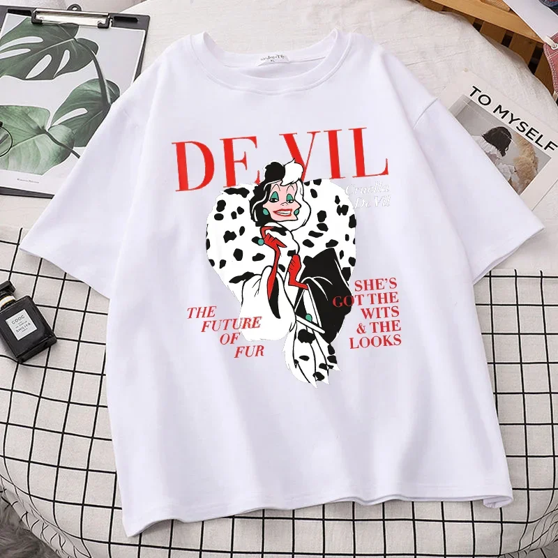 Disney Fashion Black and White Witch Demon Cartoon Cuira Cruella Printed T-shirt Women Short Sleeve O-neck Streetwear Tees Top