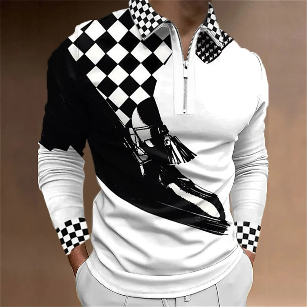 Men's Polo Shirt Golf Shirt Plaid Prints 3D Print Street Long Sleeve Zipper Clothing Apparel Sports Fashion Streetwear Designer