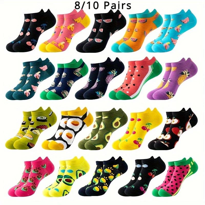 8/10 Pairs Cartoon Fruit Funny Socks Women Men Cute Breathable Ankle Socks Printing Summer Short Socks Cotton Blends