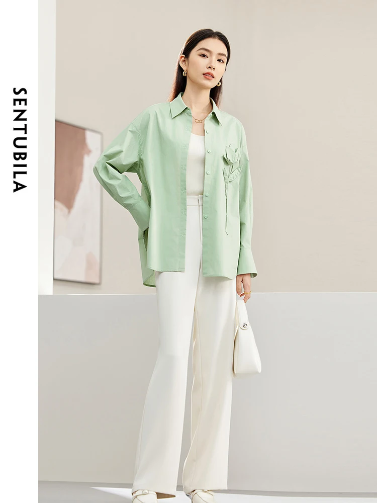 SENTUBILA Oversized Long Sleeve Shirt Tops for Women Spring Summer 2024 Three-dimensional Flower Button Down Shirts 141C53196