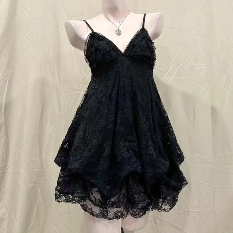 Sleeveless Lolita Vintage Mini Dress Lace Black Gothic Party Dress Pleated Japanese Y2k Dress V-neck Camisole Summer Dress Girls