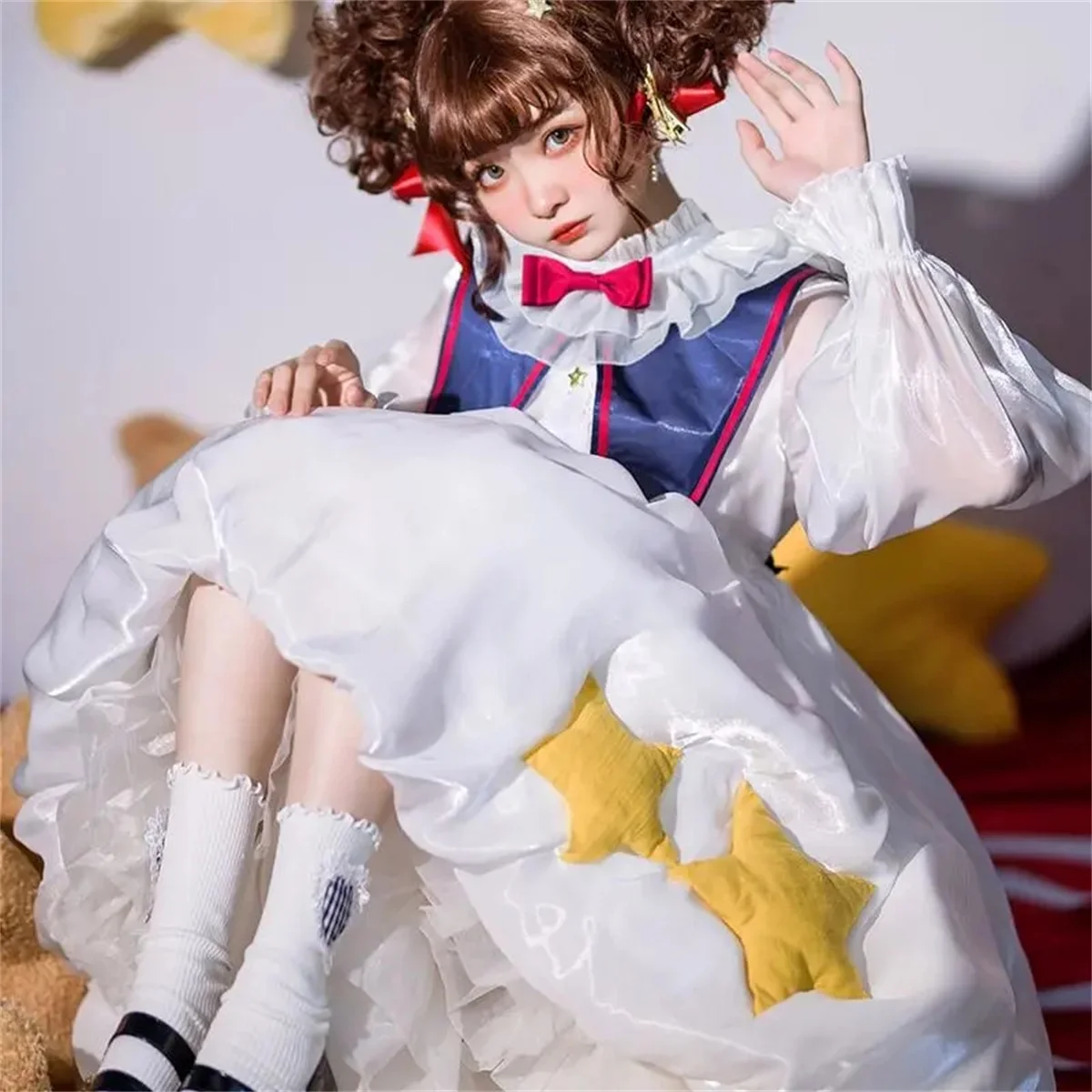 Japanese Style Lolita Cosplay Fantasy Fairy Tale Sweet Girl Mesh Star Bow Doll Collar Puff Sleeves Button Belt Flower Dress