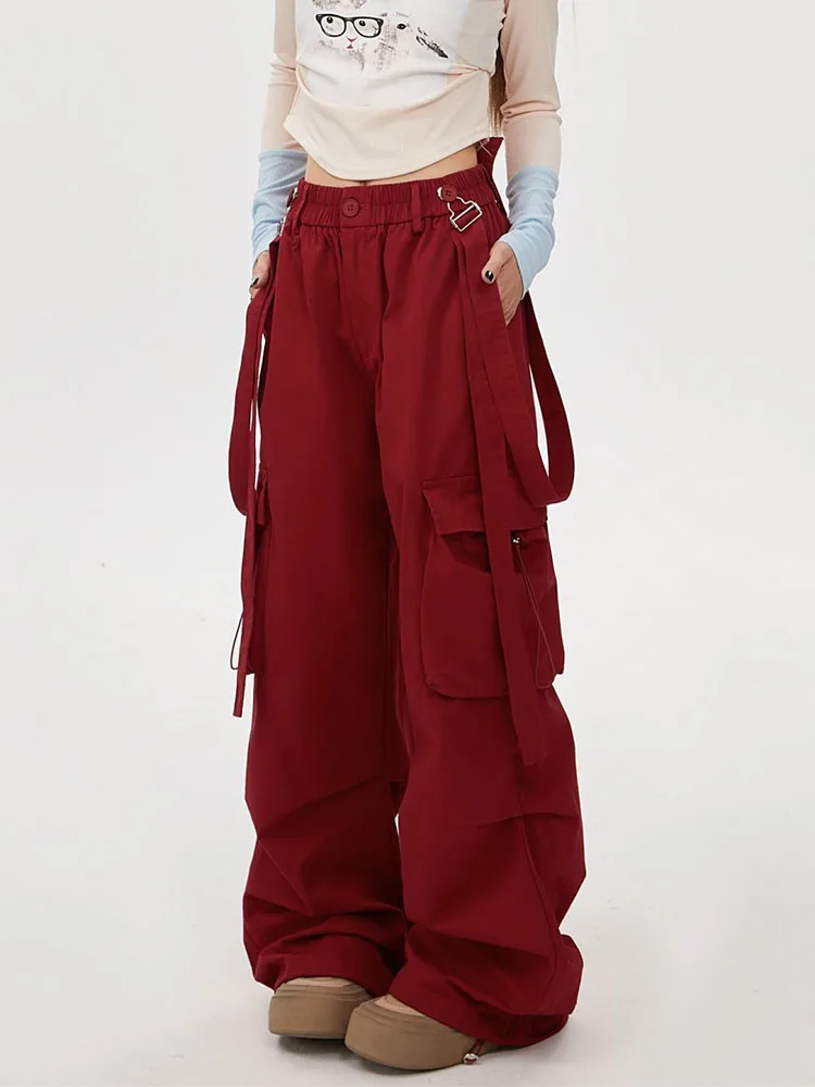 Streetwear Cargo Pants Women Vintage Pockets Bandage Hip Hop Two Way Overalls Loose Casual Y2K Hottie Retro Wide Leg Trouser New
