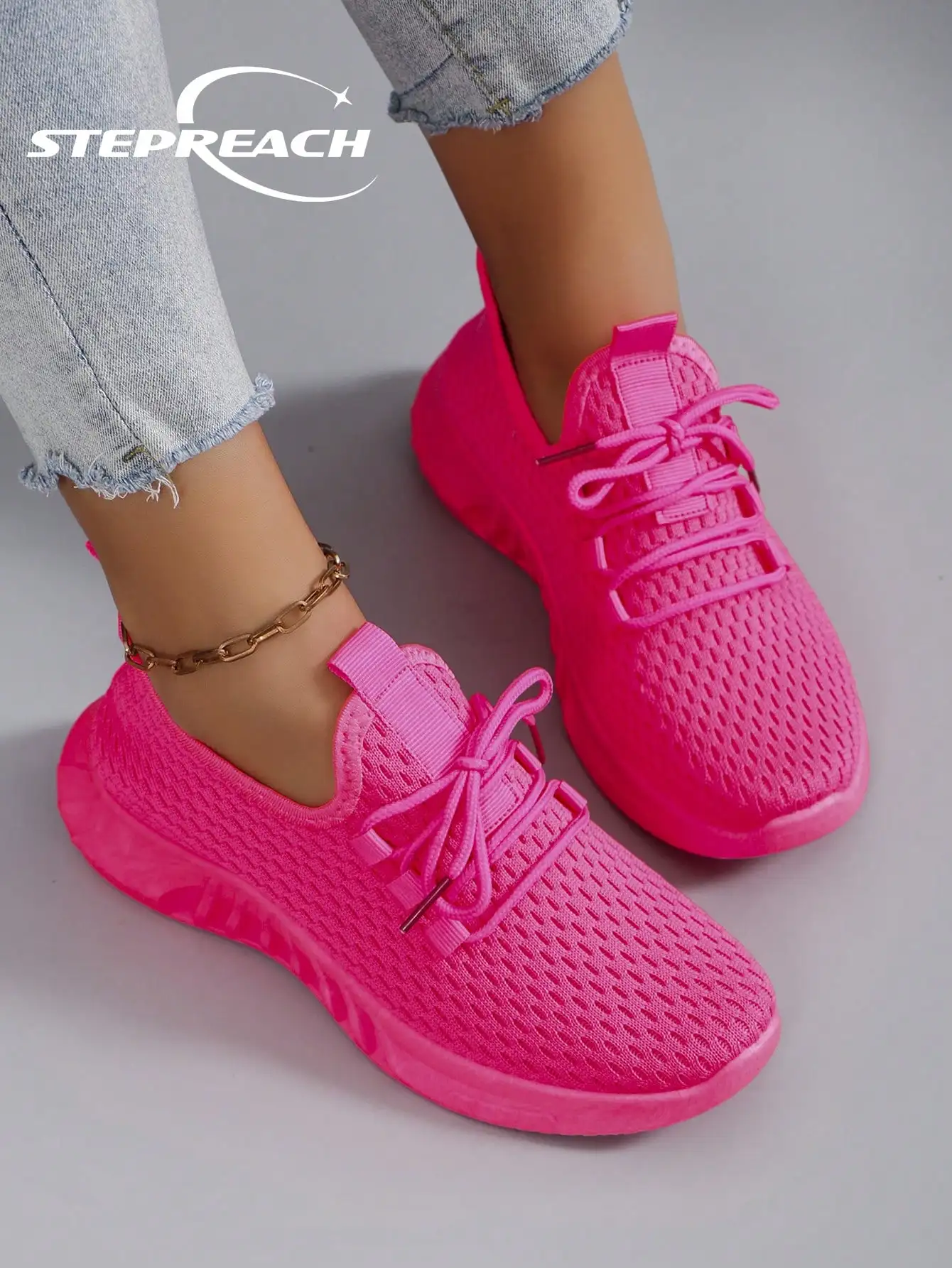 

2026 Fall Winter Neon Pink Mesh Sneakers Breathable Lightweight Lace-Up Solid Color Anti-Slip Casual Sports Shoes
