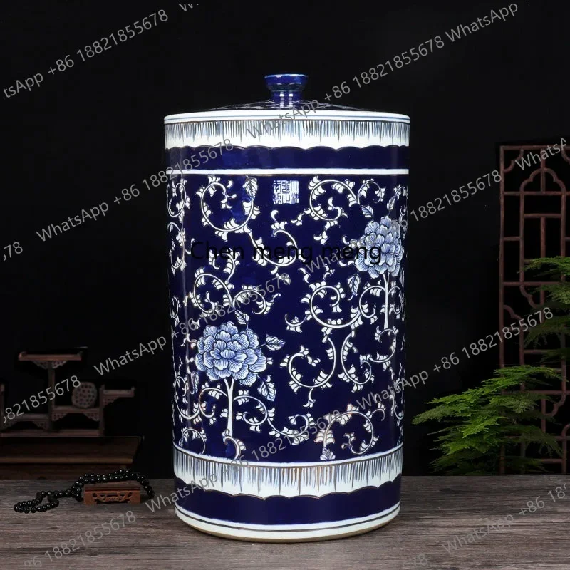 HR Ceramic rice bucket oil tank with lid, rice tank hand-painted drawing real gold craft storage tank, decoration