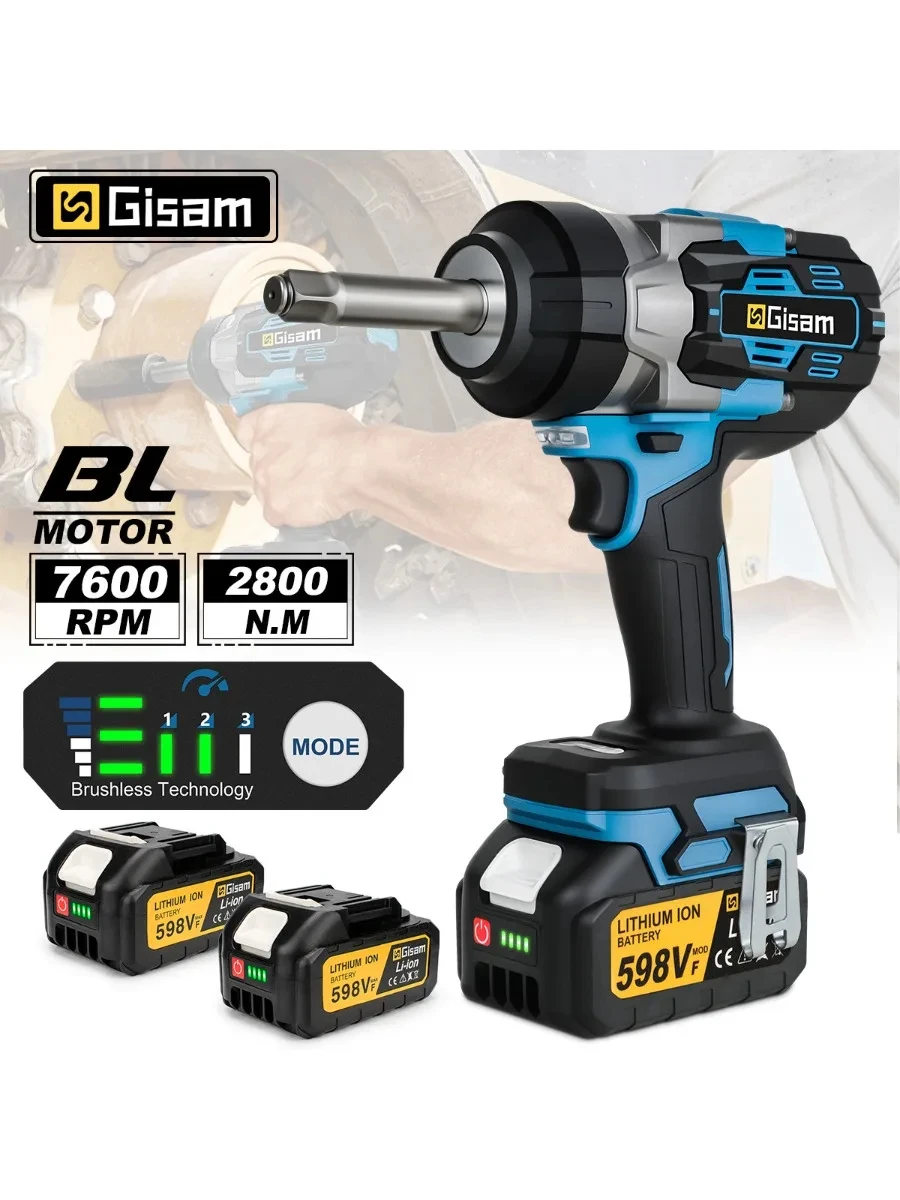 Gisam 2800N.M Bürstenloser Elektrischer Verlängerter Schlagdrehmomentschlüssel 1/2'' Kabelloser Drehmomentschlüssel für Makita 18V Akku