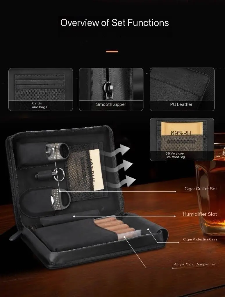 علبة مغذية للسيجار، مجموعة حافظة احتفاظ رطوبة السيجار المحمولة والمحمولة مكونة من أربعة.
