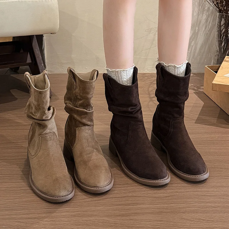 

Stacked Boots for Women 2025 Spring and Autumn New Melard Western Cowboy Boots Single Boots Mid-Calf Boots