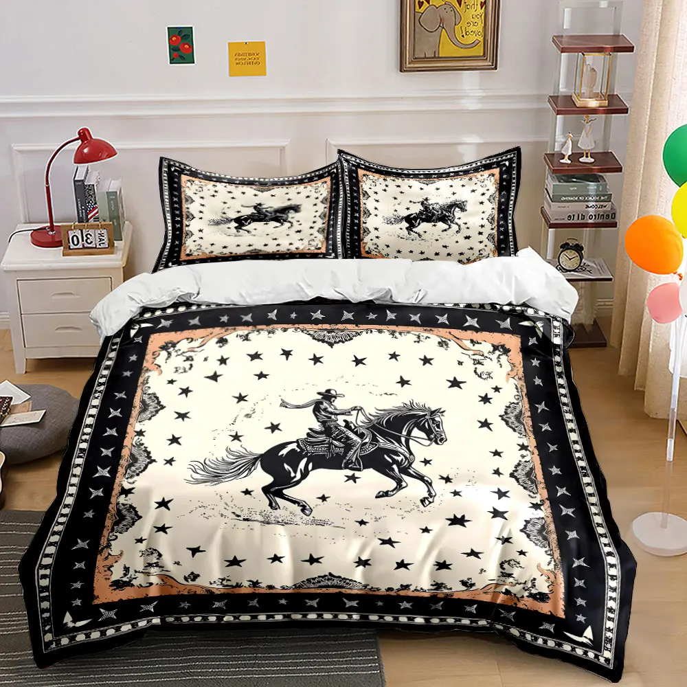 Cowboy Riding Horse with Starry Background Printed Duvet Cover Set 1 Duvet Cover+2 Pillowcase Multi Size Bedroom Bedding Decor