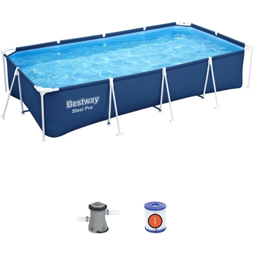 

Steel Rectangular Steel Frame Above Ground Outdoor Backyard Swimming Pool, Blue