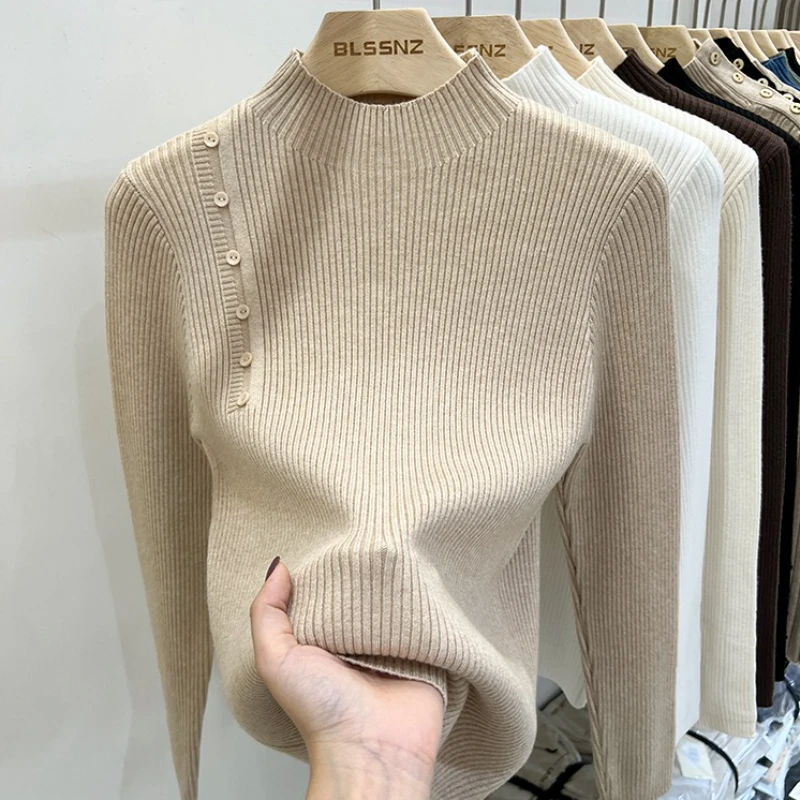 AOSSVIAO 2026 Autumn Winter New Sweater Women's Turtleneck Solid Color Pullovers Korean Long Sleeve Slim Button Femme Warm Tops