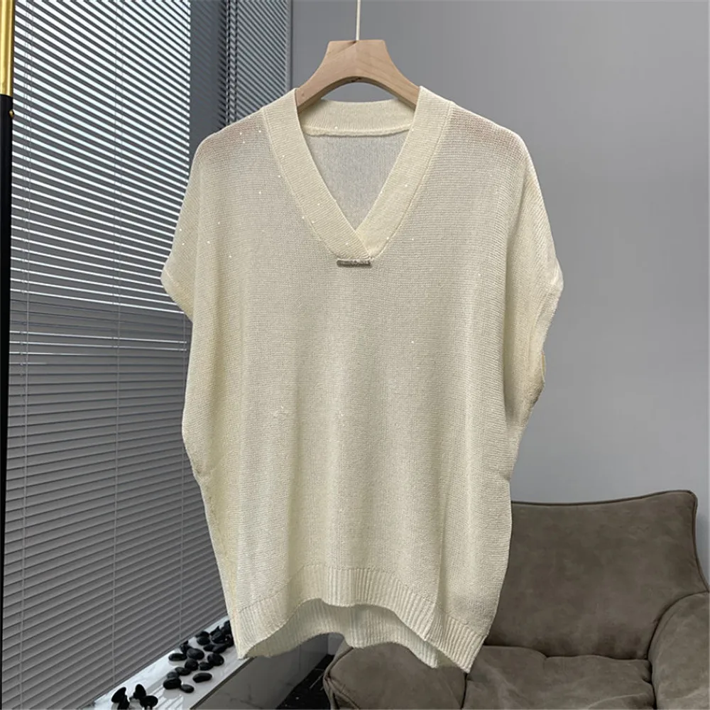 2024 Summer B*C Sequin Linen Silk T-Shirt V-Neck Knitwear Short-Sleeved Thin Tops  Blouse