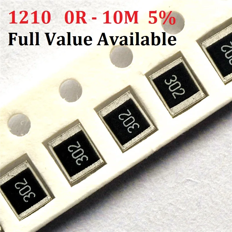 السفينة حرة 100 قطعة SMD رقاقة المقاوم 1210 10K أوم 5% 0R ~ 10M 10R 100R 220R 330R 470 أوم 1K 2.2K 10K 100K 0R 1R 2/3/4/5/6/7/8/9/R/K