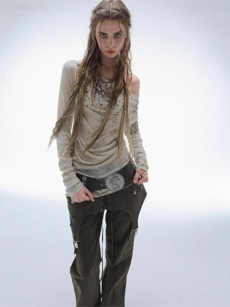 Y2K Off Shoulder Long Sleeve Top Draped Cowl Neck Rivet Stud Side Ruched Slim Tee Women Street Club Vintage Grunge Outfit