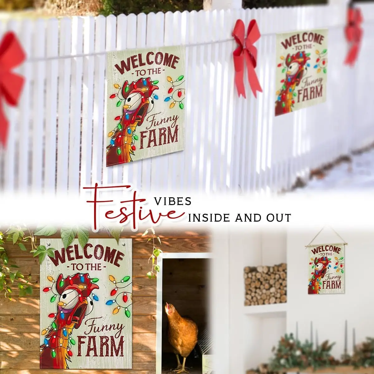 Christmas Welcome Flag - Fun Xmas Farmhouse Animal with Holiday Lights Garden Flags - Rustic Chicken Coop Décor Outside - We SSL - view 5