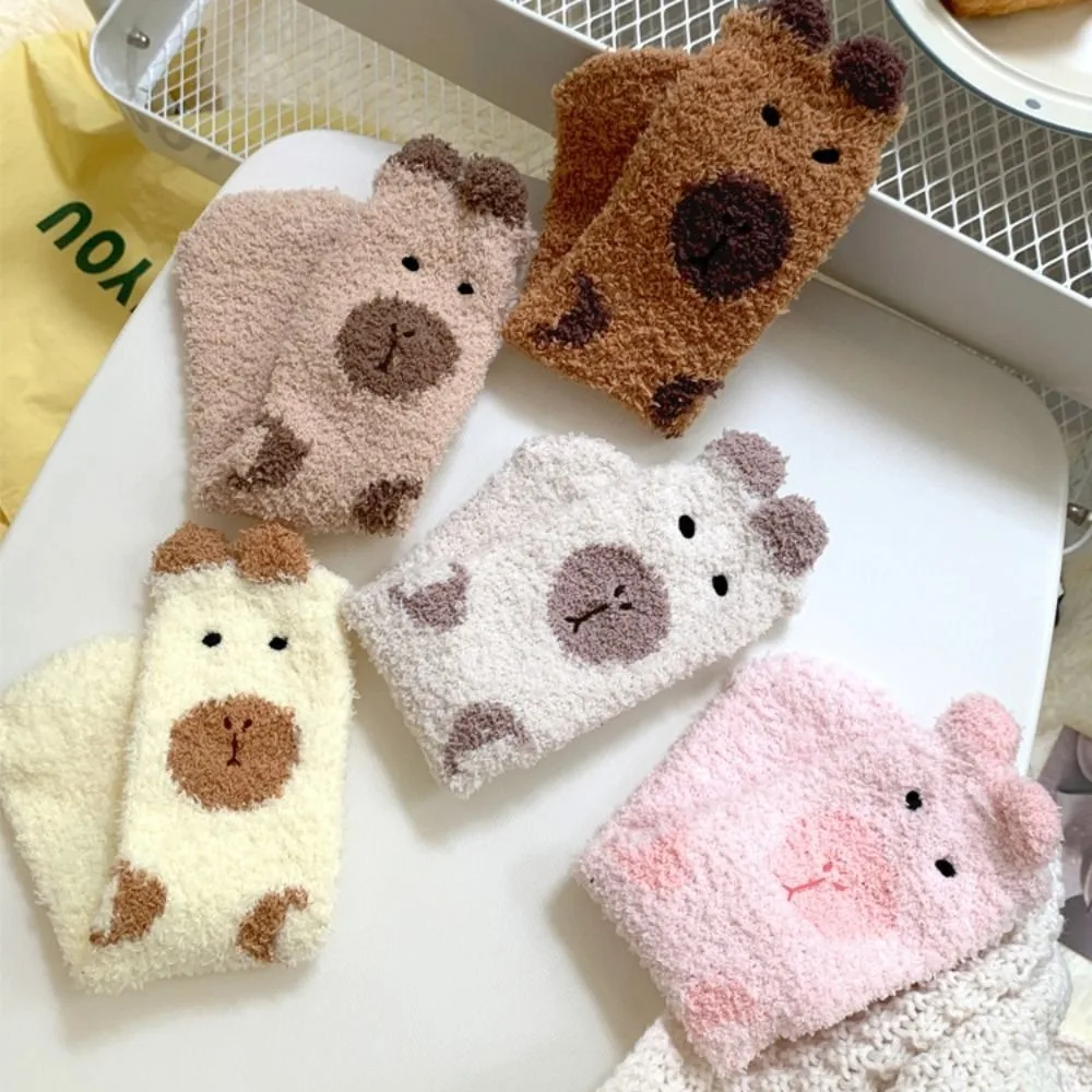 

5Pairs Fashion Plush Capybara Fleece Socks Warm Soft Sleeping Socks Women Hosiery Thicken Coral Fleece Socks Girls