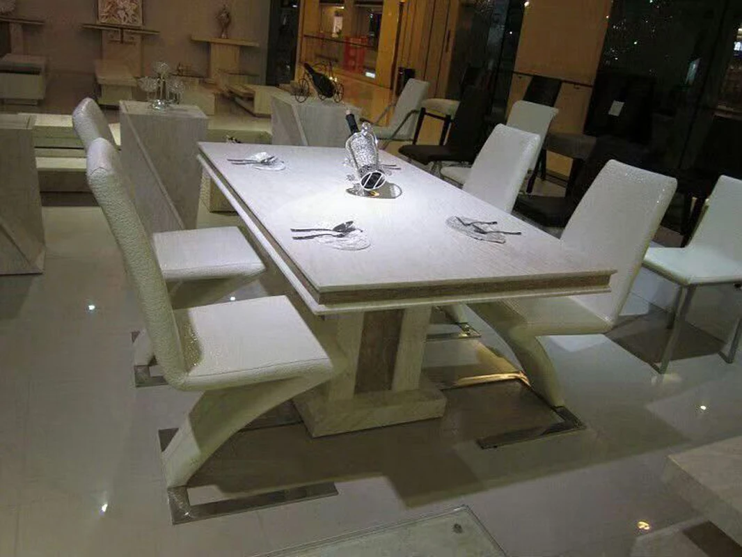 Afbeelding 7: Franse moderne design high-end eettafel met midden-antieke ovale travertijn leisteen bamboe stoel massief houten meubelen