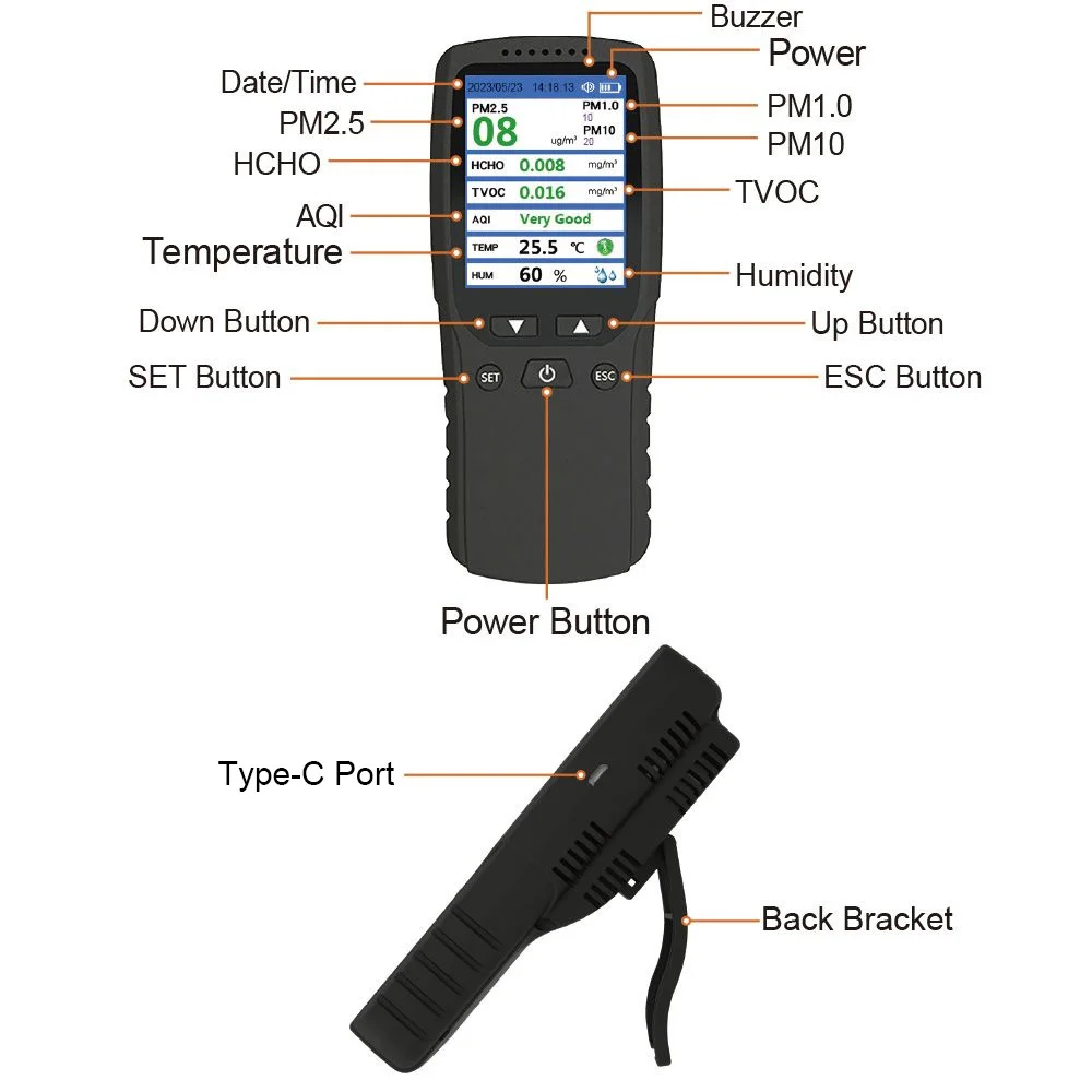 High Precision Portable Air Quality Detector, Handheld Formaldehyde Sensor Tester, Tracks PM2.5 Haze Dust, Supports Data Storage view 2