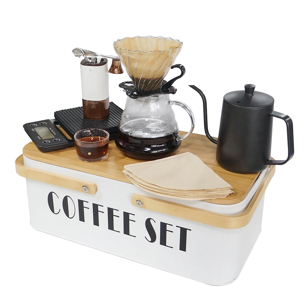 

Excellent Coffee Set Gift Box With Pour Over Coffee Kettle Mug Manual Grinder Filters Scale Metal Box for Outdoor Traveling
