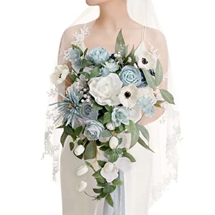 

Dusty Blue Bridal Bouquet Cascading, Wedding Bouquets for Bride, 15 Inch Bride Bouquets for Wedding Artificial Flowers Bouquets