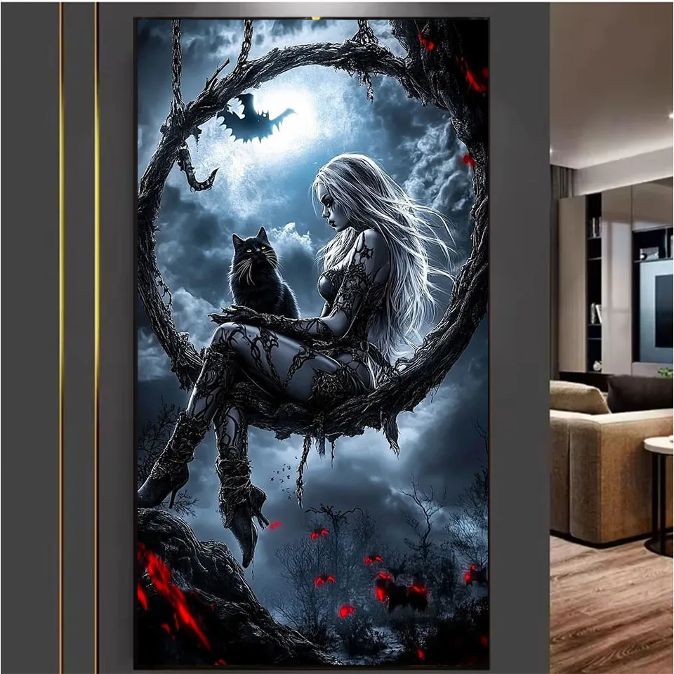 DIY الماس اللوحة مربع جولة الماس الساحرة والقط التطريز فتاة فسيفساء حجر الراين اليدوية عبر غرزة ديكور المنزل #2