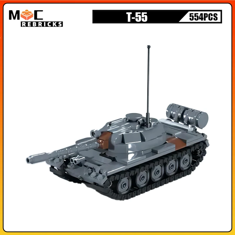 WW II Army Military Panzer T-55 Turret Main Battle Tank Wide Tracks Armoured Vehicle Building Blocks Model Kids Bricks Toys Gift