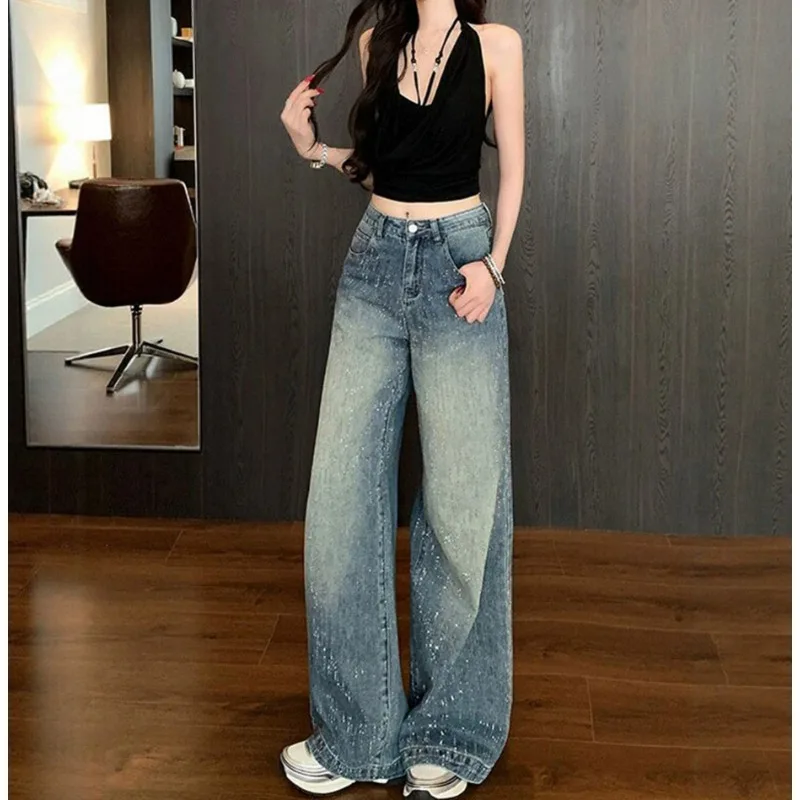 Full Sky Stars Hot Diamond Wide-leg Jeans for Women Autumn 2025 New Style Loose and Petite Look Super Nice Pants Fashion Retro