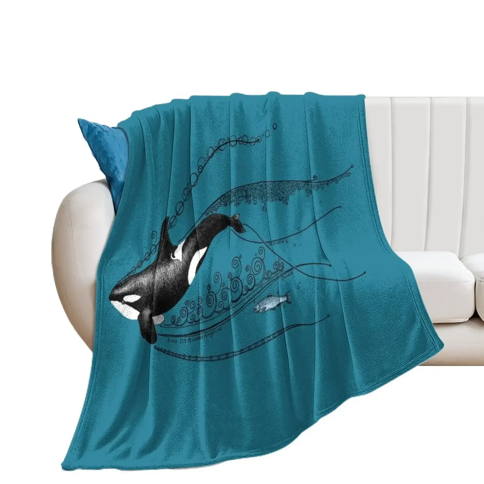 

Orca and Salmon Doodle Throw Blanket Multi-Purpose Plaid christmas gifts Luxury Blankets