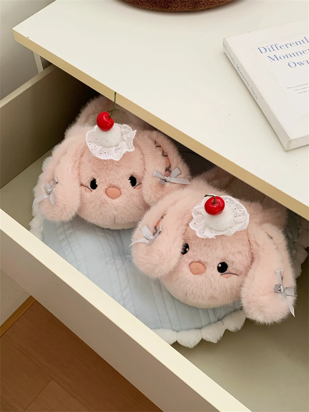 

Sweet Cherry Rabbit Home Slippers Women's Soft Bot Fluffy oes Winter Warm Anti-slip Cute Cartoon Sle Cotton Slippers