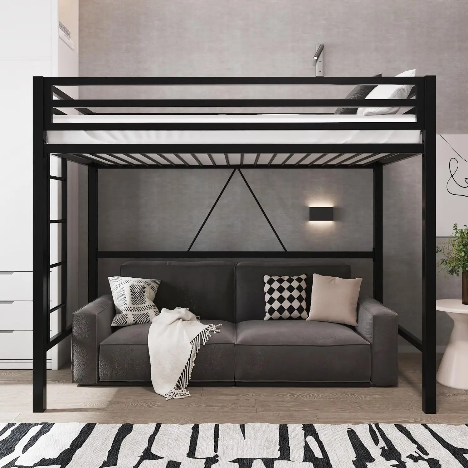 Twin Size Metal Loft Bed Guardrail Ladder Black Small Space Saving Bedroom Kid Room Dorm No Box Spring Needed