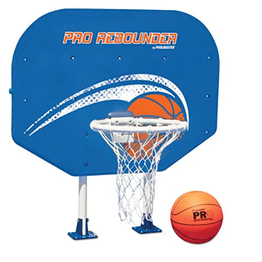 

Poolside basketball hoop for above ground pools, durable steel frame, black finish, features Pro Rebounder technology and Perma