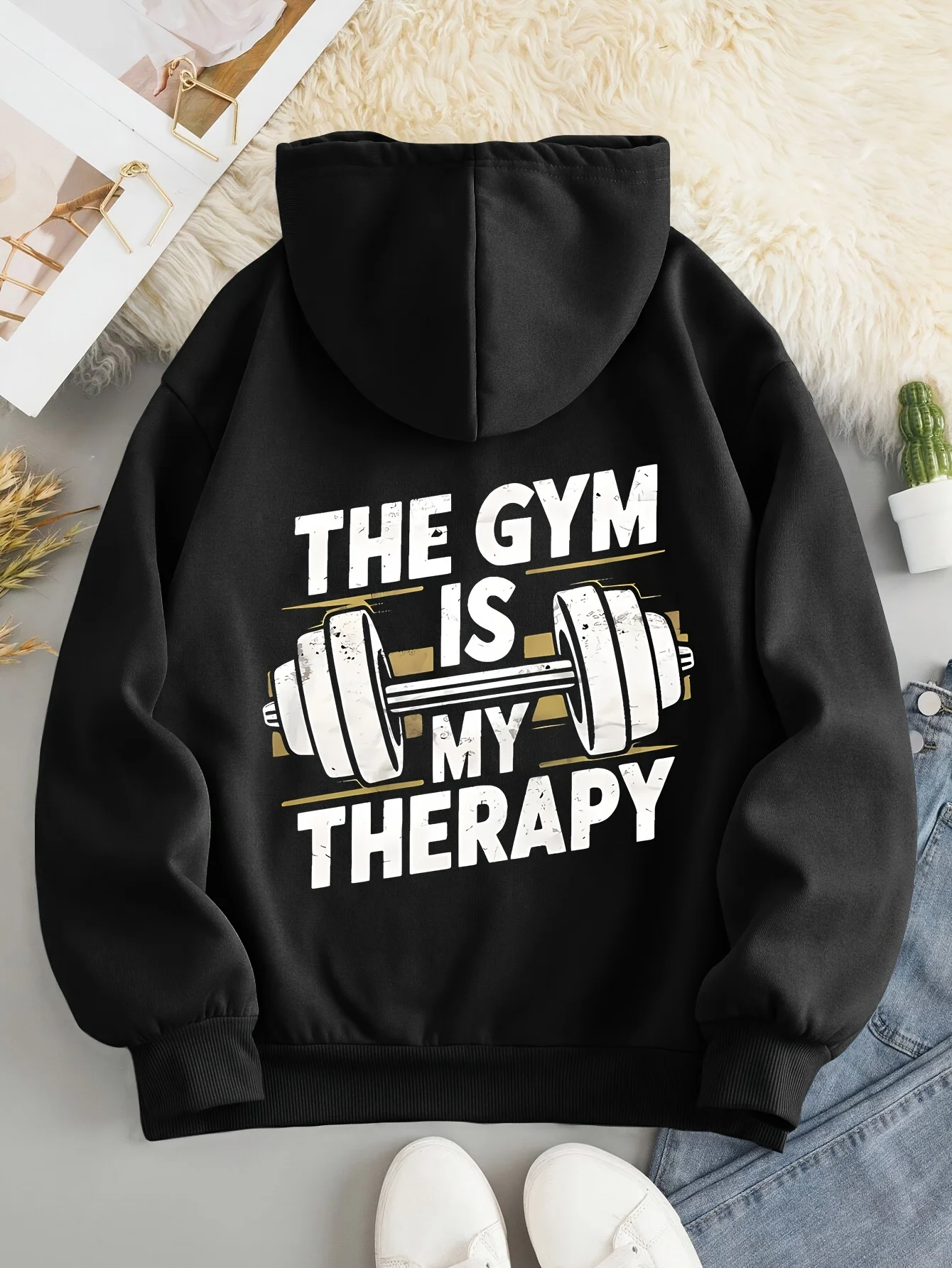 

Fitness Slogan Printed Hooded Sweatshirt 2025 Autumn/winter "THE GYM IS MY THERAPY" Trendy, Cool, Personalized Sports Style