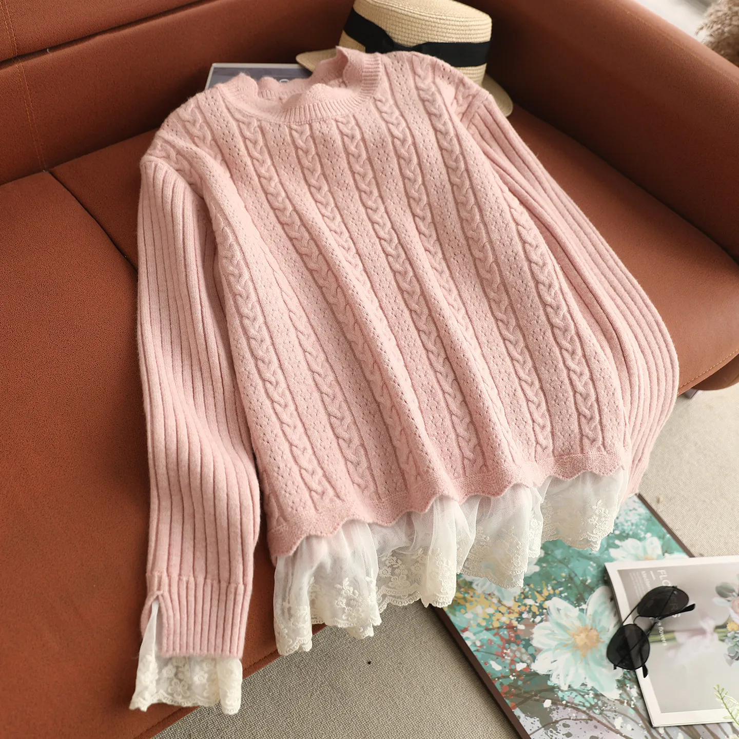 Japonais doux Mori fille couleur unie dentelle Patchwork pull pulls femmes automne col montant à manches longues décontracté tricoté hauts