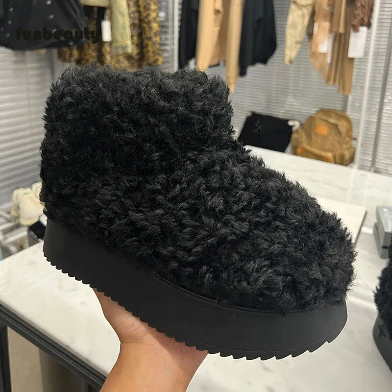 Novo outono inverno pele de uma peça fundo grosso peludo tubo curto botas de neve de pelúcia teddy pele encaracolado meados de tubo botas de algodão