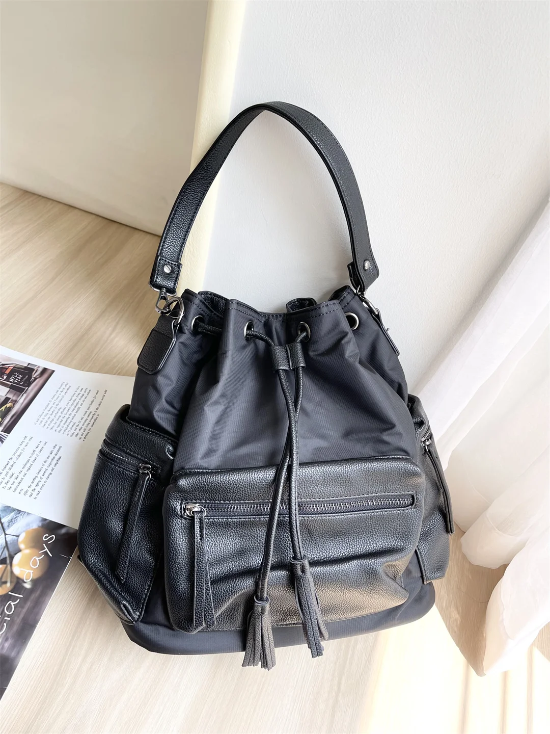 Korean Style Large Capacity Bucket Bag Nylon Cloth Spliced Leather Multi-Purpose Drawstring Shoulder Crossbody Backpack