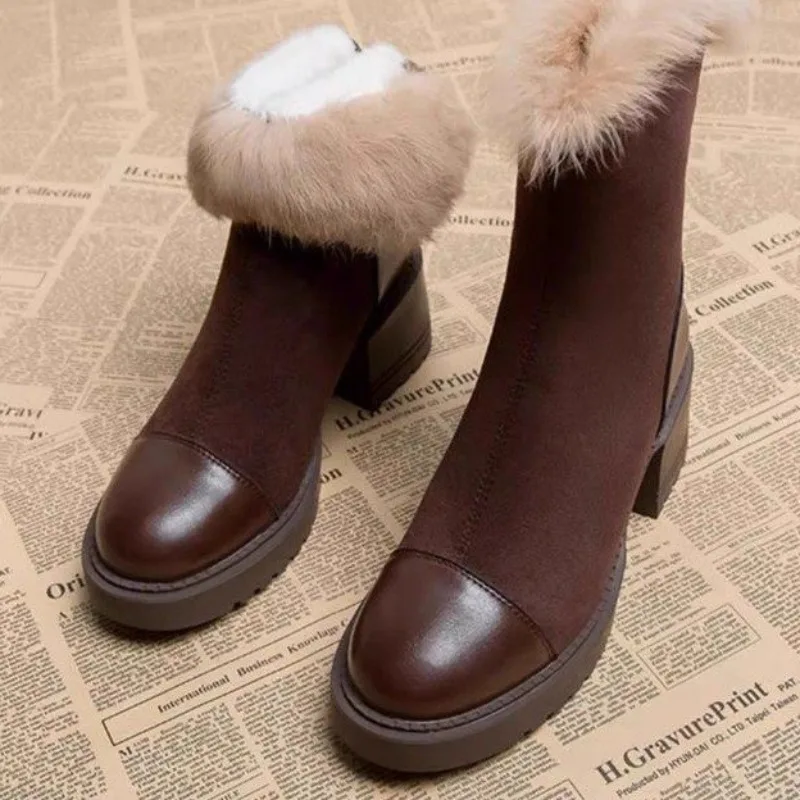 

Fumbled Mid-tube Boots Autumn and Winter New Round Toe Patchwork Cow Suede Platform Non-slip Rear Zipper Cotton Boots
