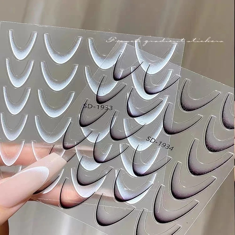 2 arkusze francuska linia gradientowa naklejki do paznokci 3D samoprzylepne biały + czarny suwak projekt wzornik Manicure przewodniki DIY ozdoby do paznokci