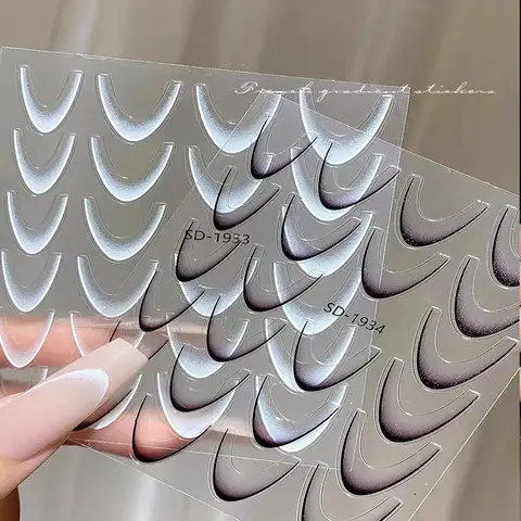 2 시트 프렌치 그라디언트 라인 네일 아트 스티커 3D 자체 접착 화이트 + 블랙 슬라이더 디자인 스텐실 매니큐어 가이드 DIY 네일 장식