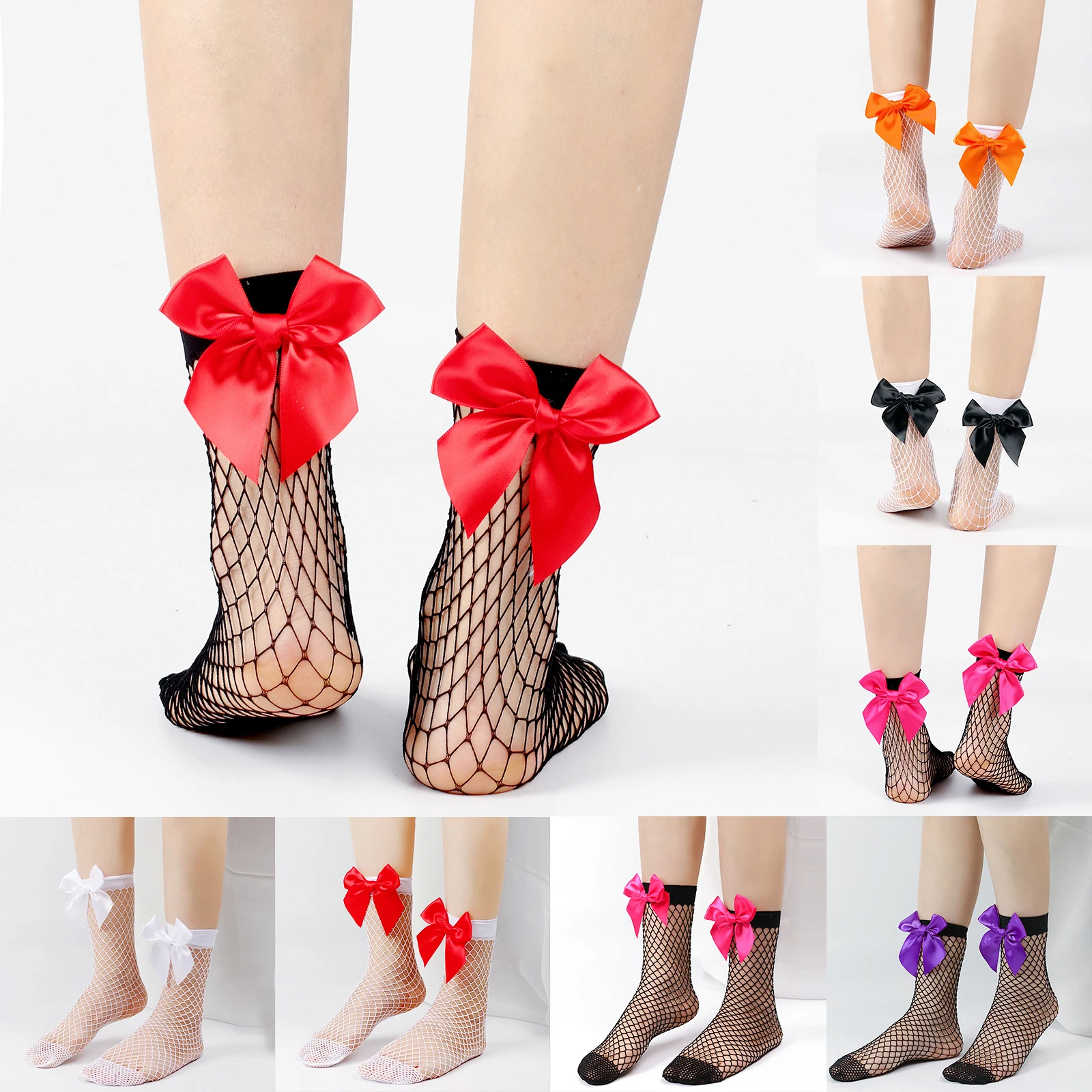 Women Girls Fishnet Socks Toddler Mesh Knee High Socks Fashion Stockings with Satin Bow