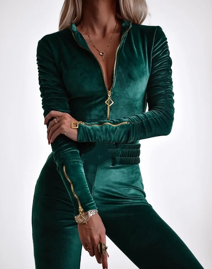 

Zipper Design Ruched Long Sleeve Velvet Jumpsuit with Elastic Waistbelt for Women 2024 Spring Autumn New Stand Collar Jumpsuit