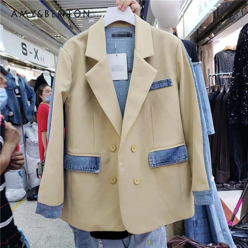 Spring Autumn New Commute Style Temperament Casual Suit Jacket Korean Ins Fashion Contrast Personality Denim Splicing Coat Women