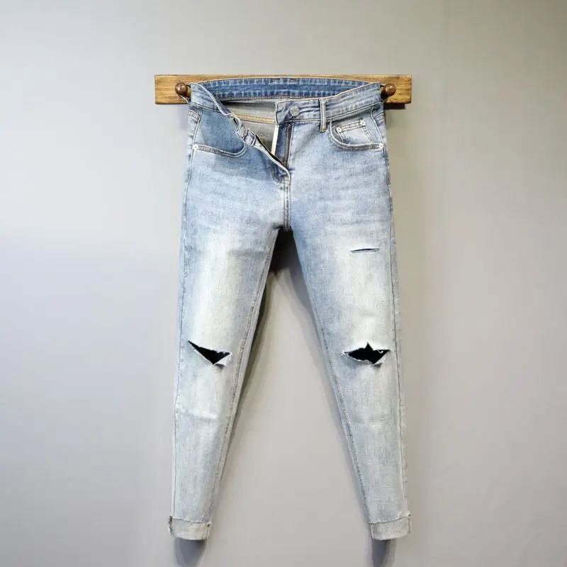 High Street Summer Vintage Casual Badfriends Skinny Blue Denim Jeans Pants Knee Distressed Ripped Holes for Men Cotton Trousers