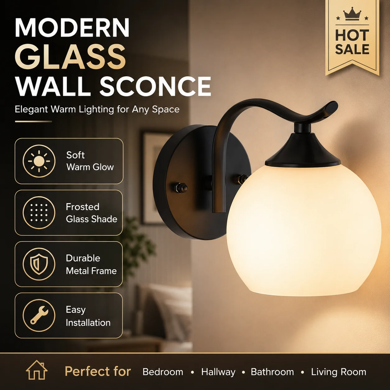 E27 LED Wall Light Nordic Minimalist Glass Lampshade Background Decorative Light Suitable for Bedrooms and Corridors