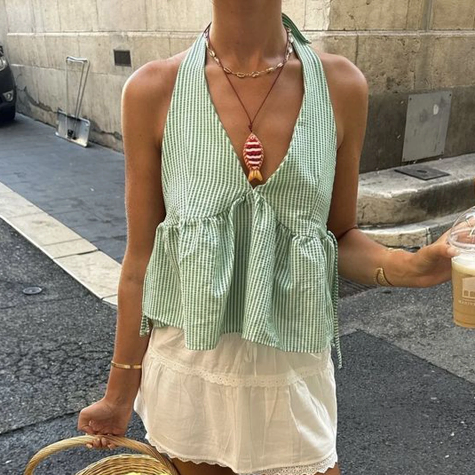 

Combhasaki Women Y2K Stripe Babydoll Tank Tops Tie-up Halter Deep V-Neck Sleeveless Backless Ruffled Crop Vest Summer Streetwear